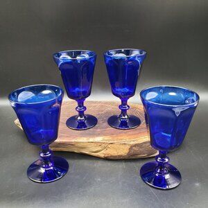 Bryce Antique Cobalt Blue Wine Glass 5" Set of 4 Paneled Blown Glass Vintage
